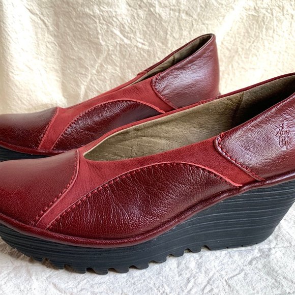 Fly London Burgundy Wedge Heels - Picture 3 of 8